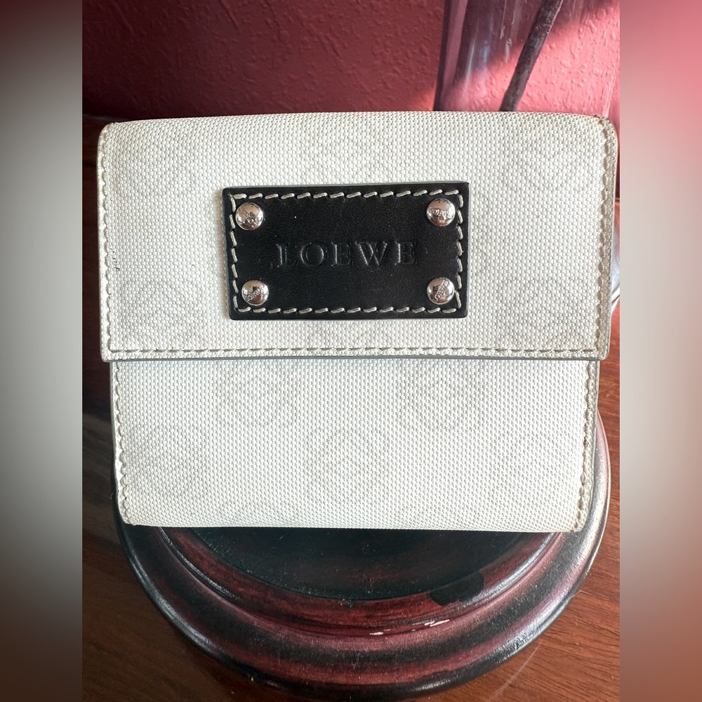 LOEWE ANAGRAM COMPACT WALLET BEIGE BROWN COATED CANVAS & LEATHER